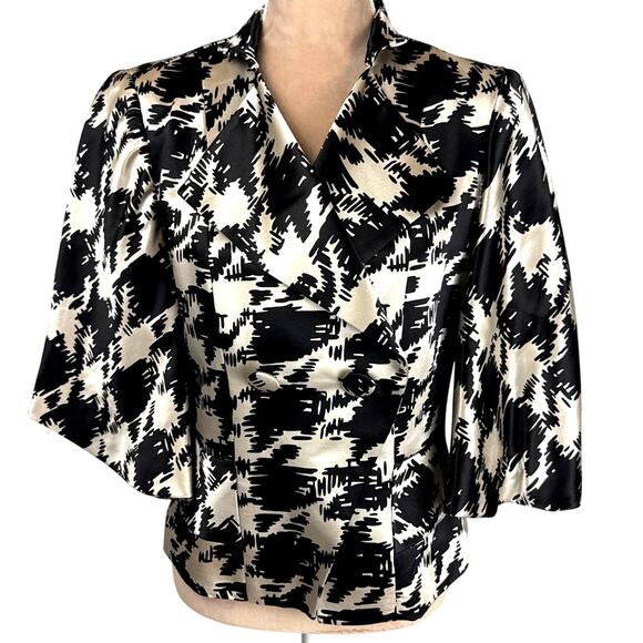 Trina Turk Womens Sz 12 Jacket Wool Silk‎ Blend Black White Lined Blazer - Picture 1 of 13
